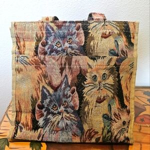 Cat Tapestry Bag Purse Zipper Vel o Pockets 80's Vintage Kitten